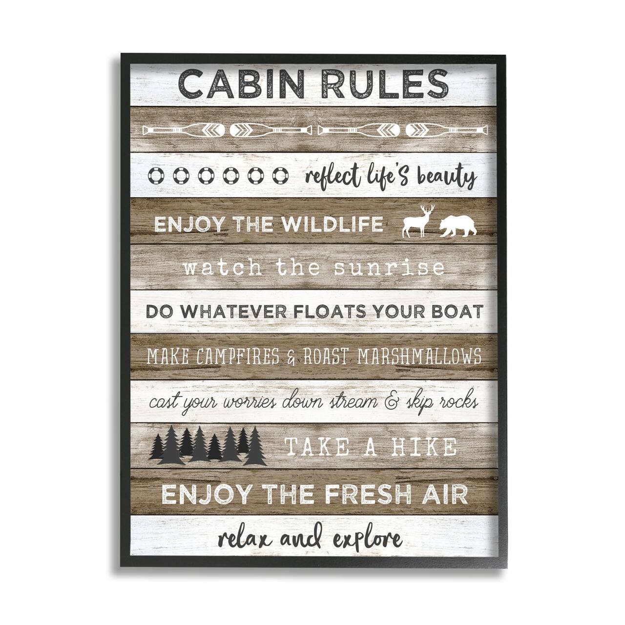 Stupell Industries Cabin Rules Motivational List Rustic Forest Plank Pattern Framed Wall Art